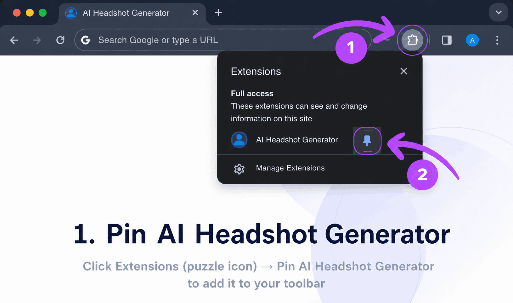 Chrome extensions menu with AI Headshot Generator pin highlighted